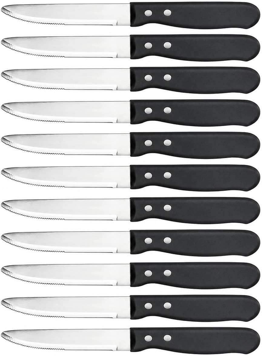 10 Inch Jumbo Steak Knife Set of 12, Serrated Stainless Steel Table Knives with 5 Inch Rounded Blades and Black Plastic Handles