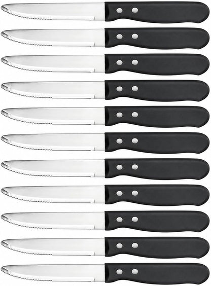 10 Inch Jumbo Steak Knife Set of 12, Serrated Stainless Steel Table Knives with 5 Inch Rounded Blades and Black Plastic Handles