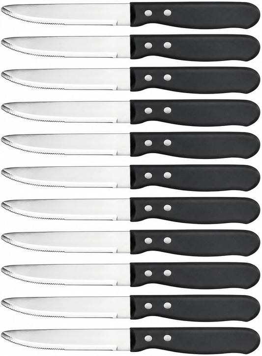 10 Inch Jumbo Steak Knife Set of 12, Serrated Stainless Steel Table Knives with 5 Inch Rounded Blades and Black Plastic Handles