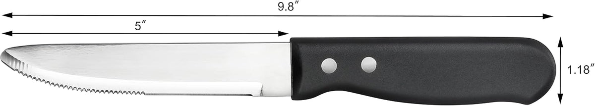 10 Inch Jumbo Steak Knife Set of 12, Serrated Stainless Steel Table Knives with 5 Inch Rounded Blades and Black Plastic Handles