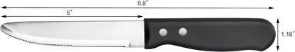10 Inch Jumbo Steak Knife Set of 12, Serrated Stainless Steel Table Knives with 5 Inch Rounded Blades and Black Plastic Handles