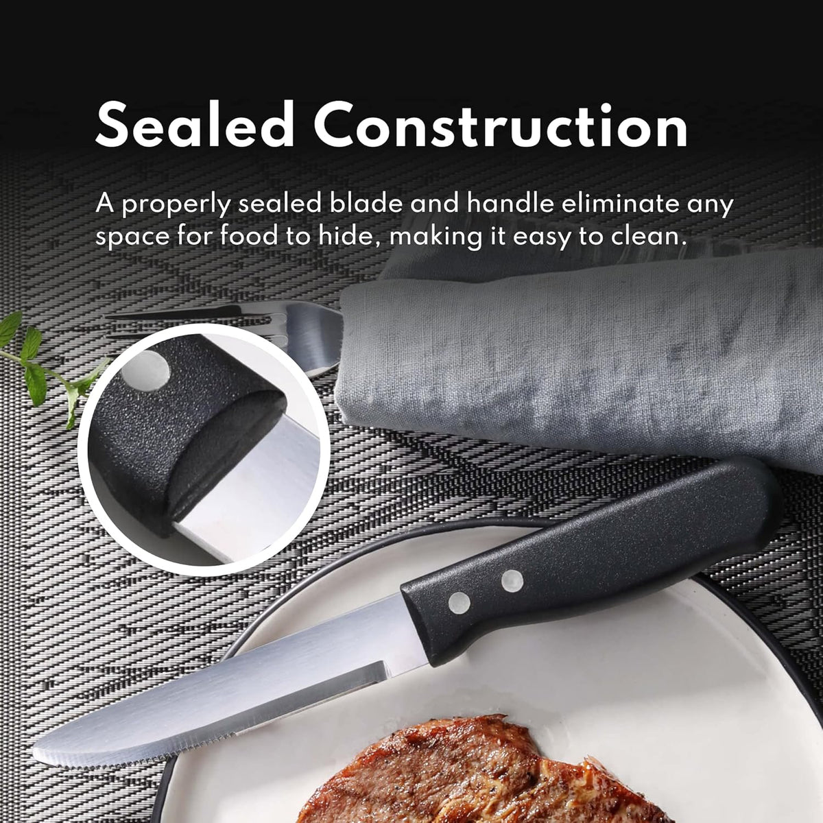 10 Inch Jumbo Steak Knife Set of 12, Serrated Stainless Steel Table Knives with 5 Inch Rounded Blades and Black Plastic Handles