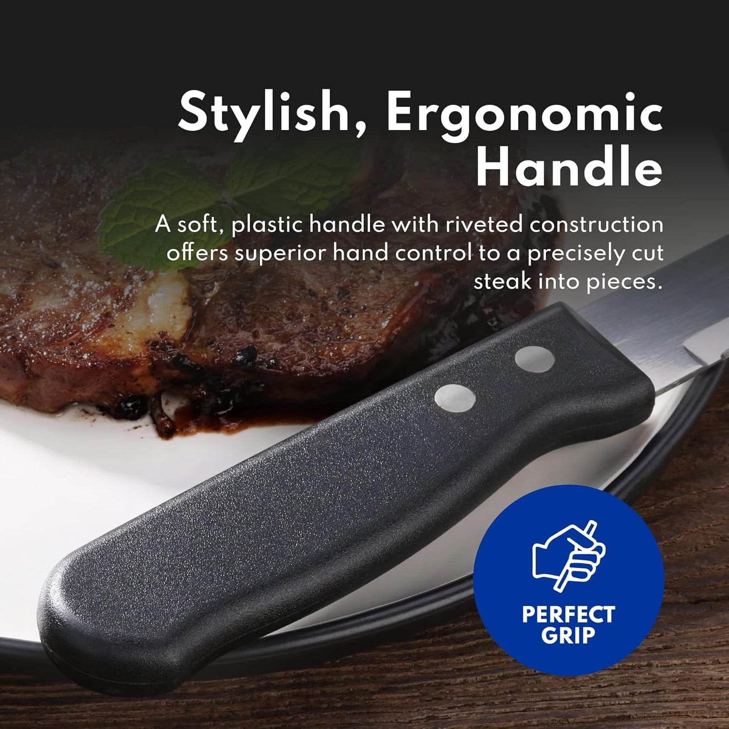 10 Inch Jumbo Steak Knife Set of 12, Serrated Stainless Steel Table Knives with 5 Inch Rounded Blades and Black Plastic Handles
