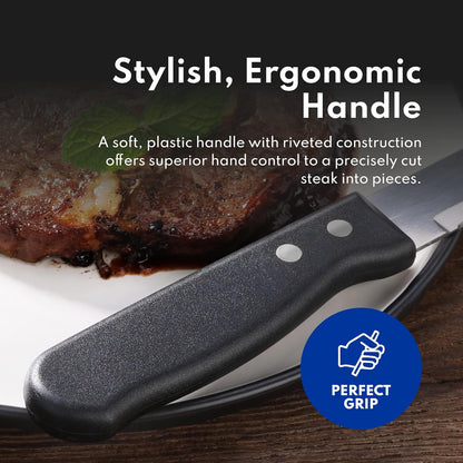 10 Inch Jumbo Steak Knife Set of 12, Serrated Stainless Steel Table Knives with 5 Inch Rounded Blades and Black Plastic Handles