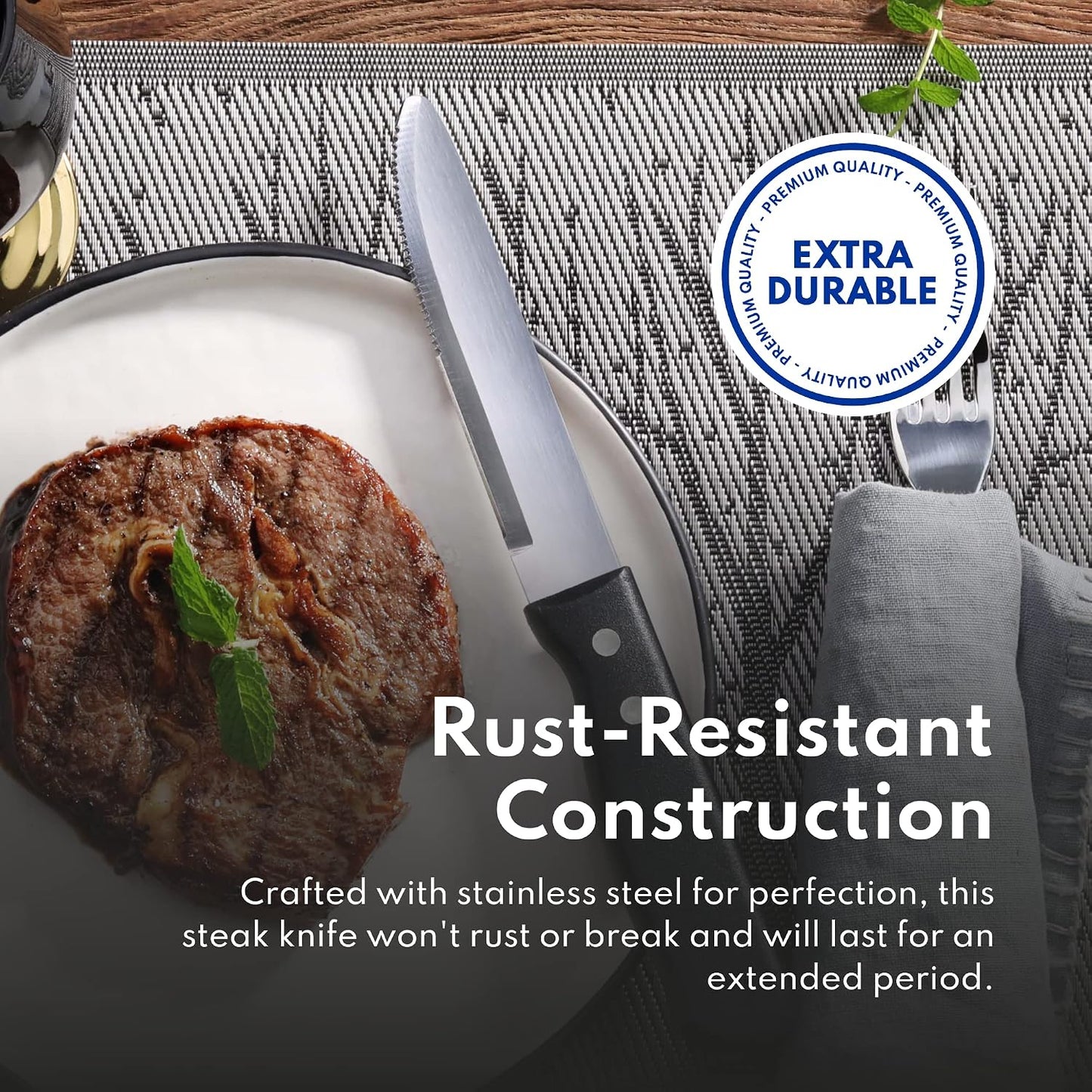 10 Inch Jumbo Steak Knife Set of 12, Serrated Stainless Steel Table Knives with 5 Inch Rounded Blades and Black Plastic Handles