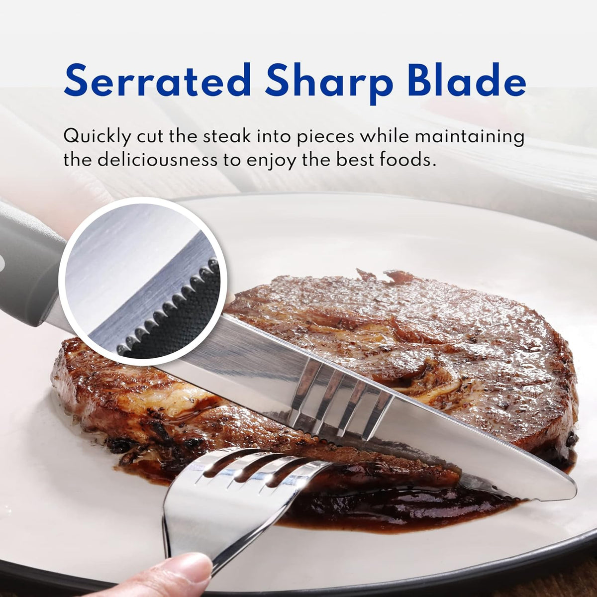 10 Inch Jumbo Steak Knife Set of 12, Serrated Stainless Steel Table Knives with 5 Inch Rounded Blades and Black Plastic Handles