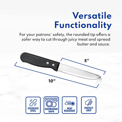 10 Inch Jumbo Steak Knife Set of 12, Serrated Stainless Steel Table Knives with 5 Inch Rounded Blades and Black Plastic Handles
