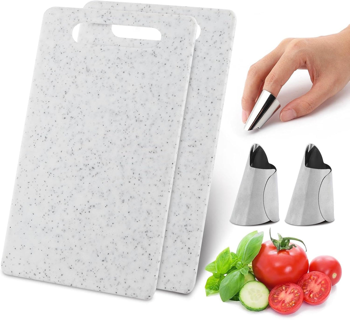 2Pcs Small Kitchen Cutting Board with Finger Guards Set Mini Plastic Cutting Board Set Dishwasher Safe for Camping Food Fruits Prep Vegetables Easy Grip (White, 6" x 10")