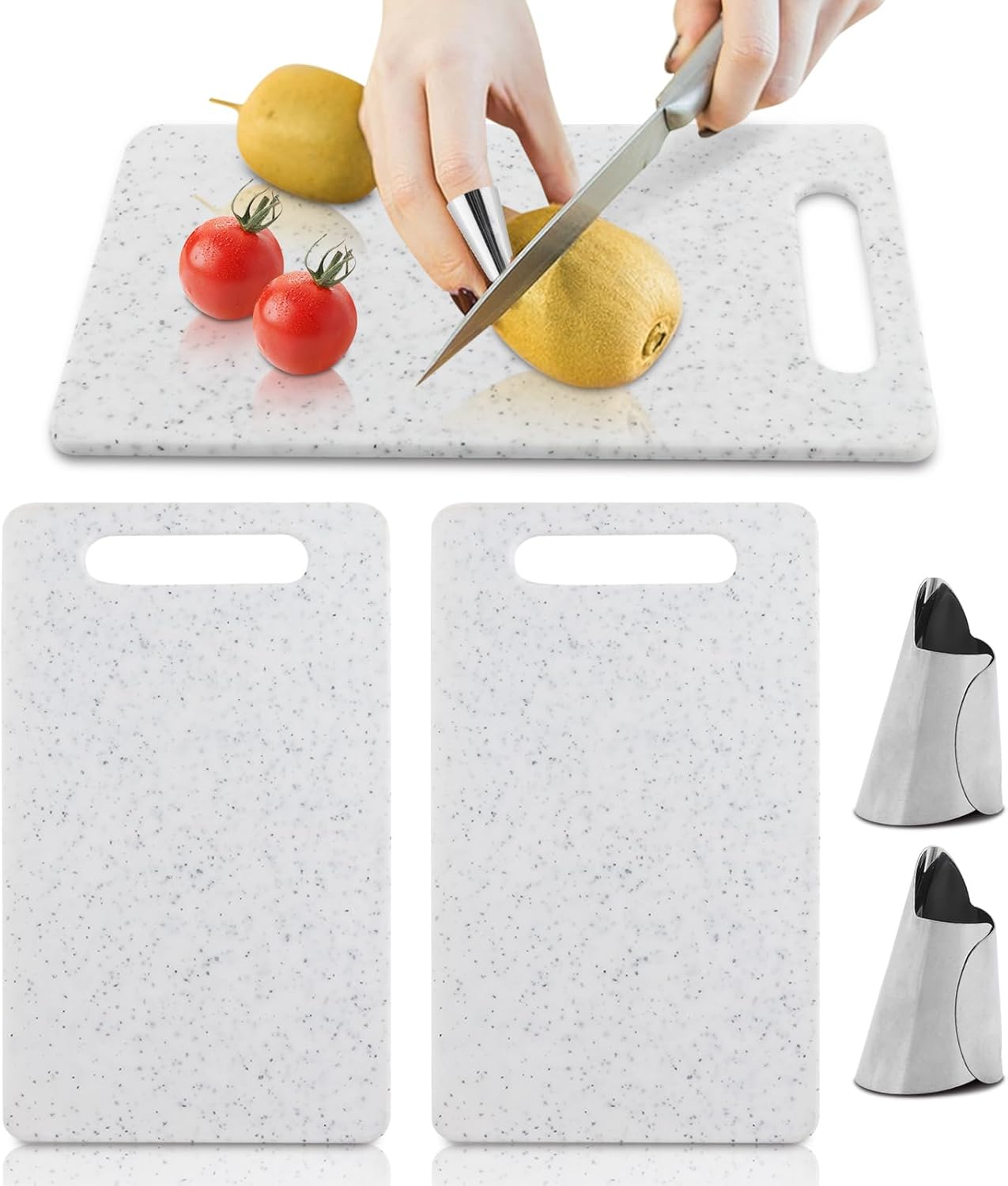 2Pcs Small Kitchen Cutting Board with Finger Guards Set Mini Plastic Cutting Board Set Dishwasher Safe for Camping Food Fruits Prep Vegetables Easy Grip (White, 6" x 10")