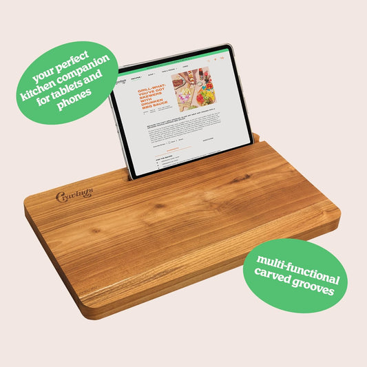 Teak Cutting Board for Kitchen, 20 x 12 inches | Large Wooden Cutting Board for Meal Prep & Chopping Foods, Durable Natural Teak Wood with Groove for Tablet & Phone Holder