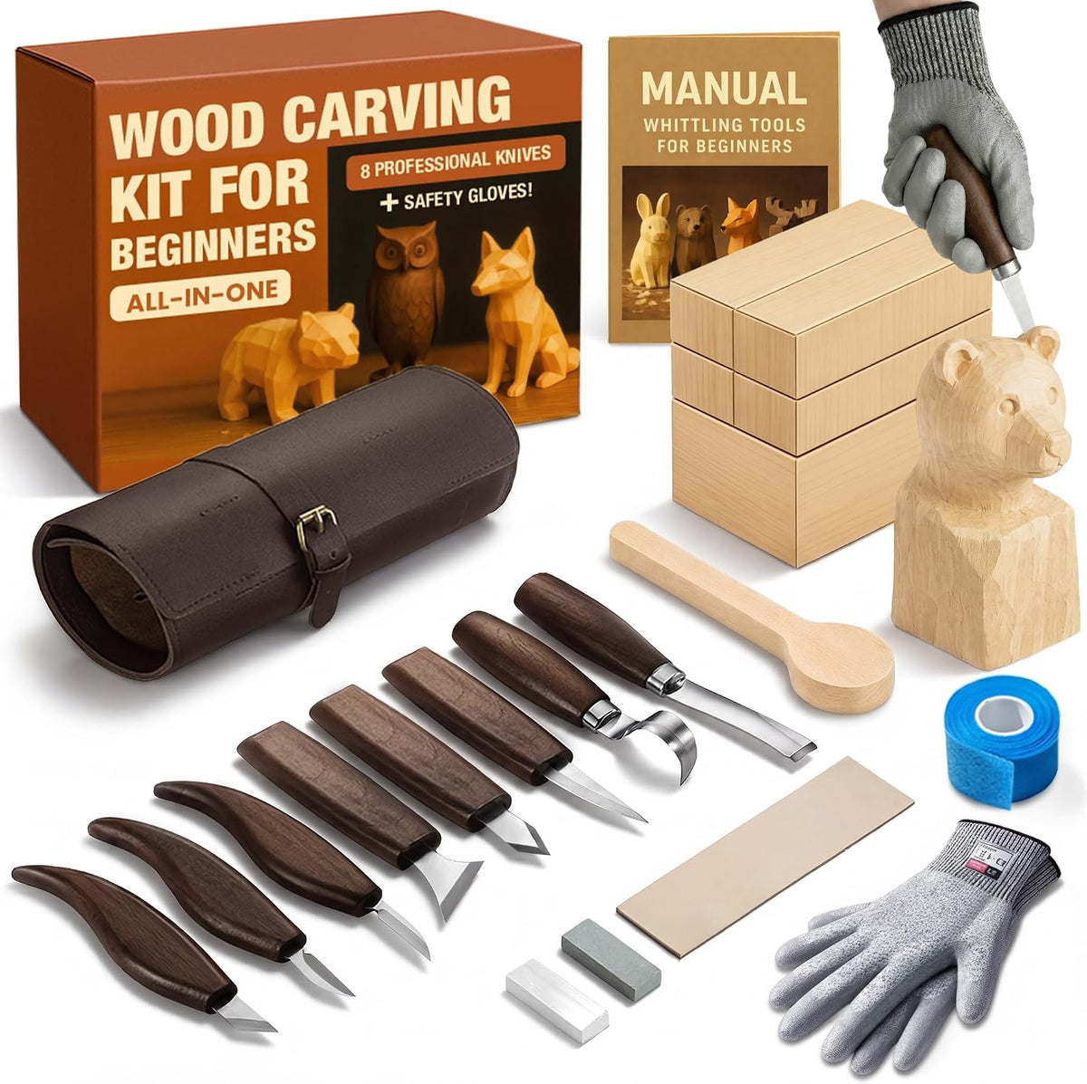 Wood Carving Kit for Beginners - Gift Ready Whittling Kit Set 32pcs | 8 Wood Carving Knives, Spoon Carving Tools, Wood Blocks, Gloves, Roll Bag and Sharpening Strop - For Men
