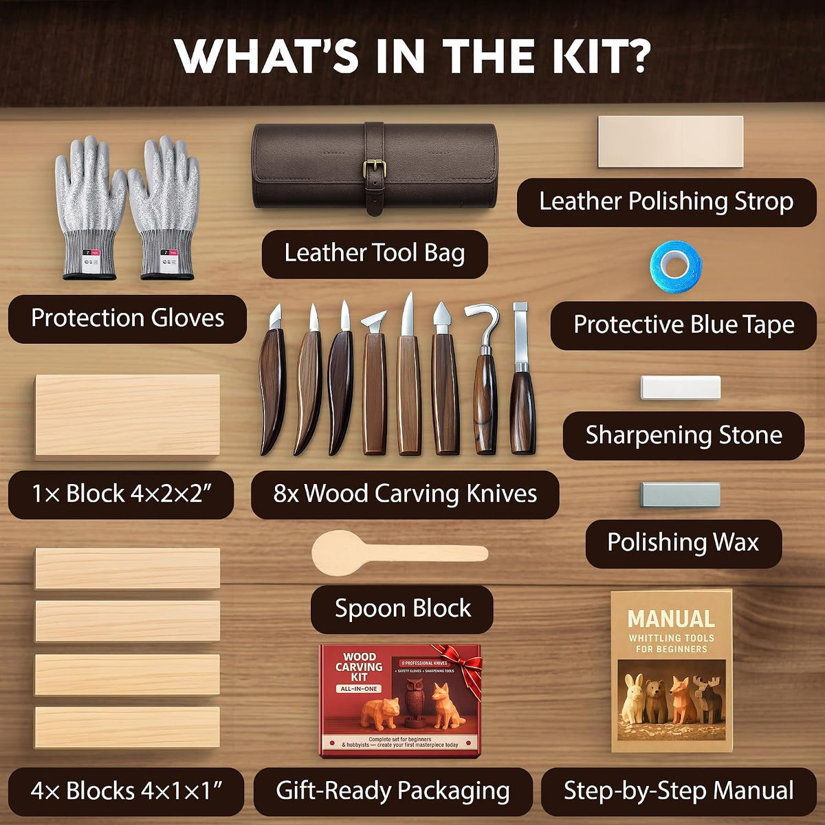 Wood Carving Kit for Beginners - Gift Ready Whittling Kit Set 32pcs | 8 Wood Carving Knives, Spoon Carving Tools, Wood Blocks, Gloves, Roll Bag and Sharpening Strop - For Men