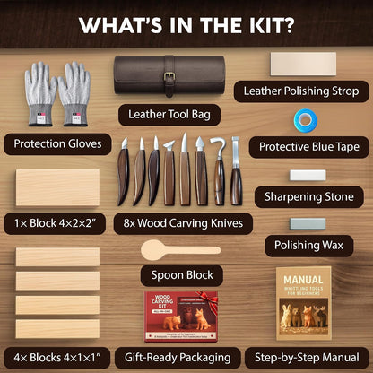 Wood Carving Kit for Beginners - Gift Ready Whittling Kit Set 32pcs | 8 Wood Carving Knives, Spoon Carving Tools, Wood Blocks, Gloves, Roll Bag and Sharpening Strop - For Men