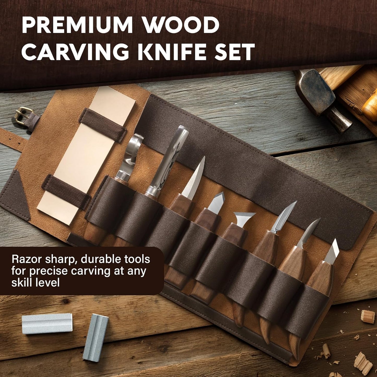 Wood Carving Kit for Beginners - Gift Ready Whittling Kit Set 32pcs | 8 Wood Carving Knives, Spoon Carving Tools, Wood Blocks, Gloves, Roll Bag and Sharpening Strop - For Men