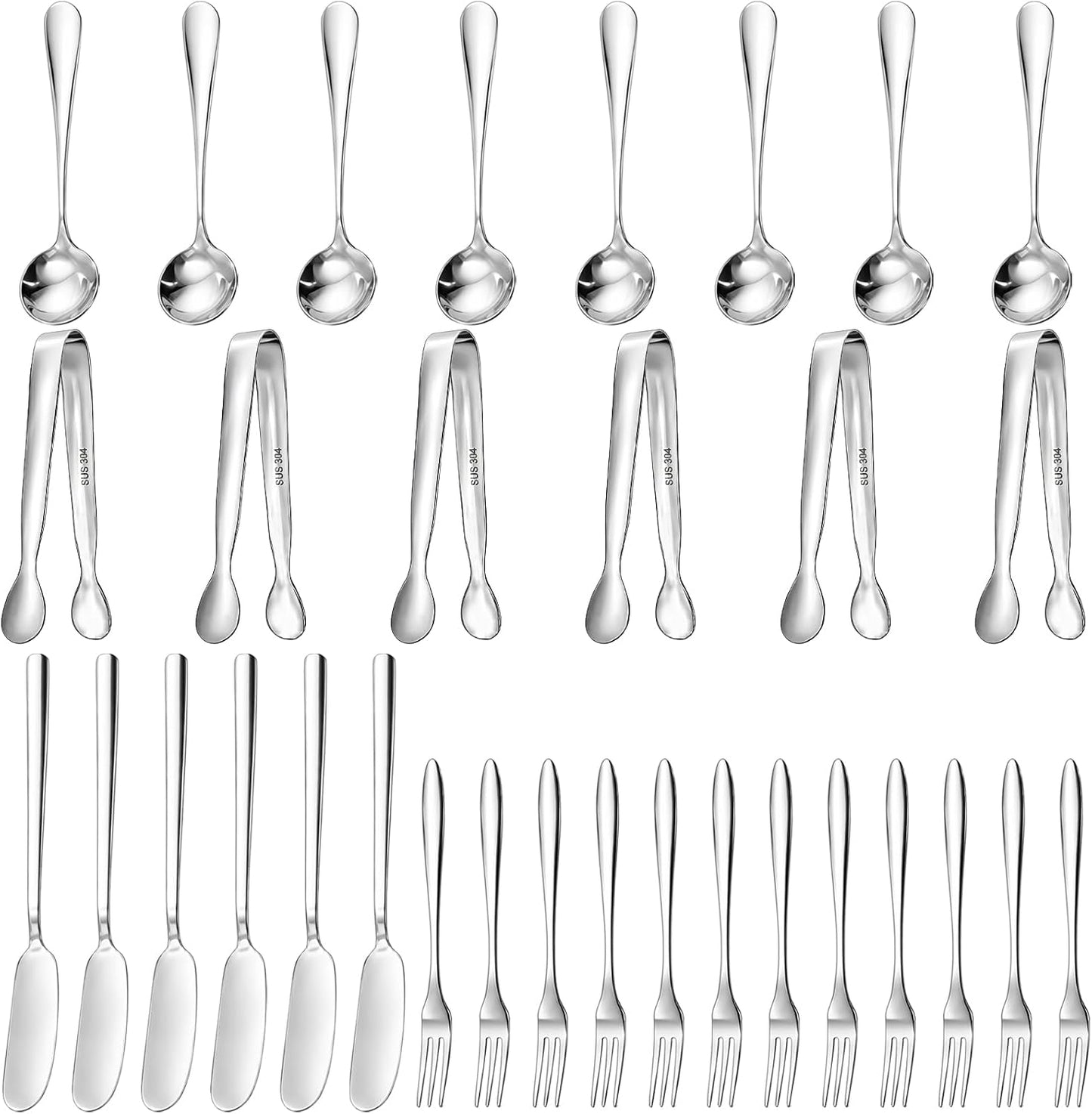 32 Pieces Cheese Butter Spreader Knives Set, Charcuterie Accessories Stainless Steel Cheese Spreader Knives, Mini Serving Tongs, Spoons and Forks for Butter Cheese Jam Appetizer Pastry Making