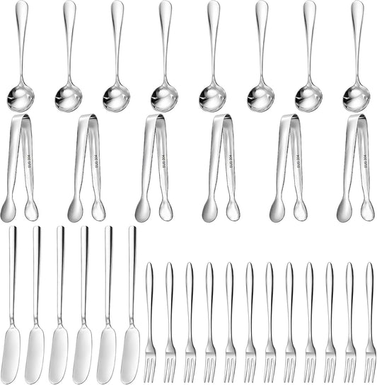 32 Pieces Cheese Butter Spreader Knives Set, Charcuterie Accessories Stainless Steel Cheese Spreader Knives, Mini Serving Tongs, Spoons and Forks for Butter Cheese Jam Appetizer Pastry Making
