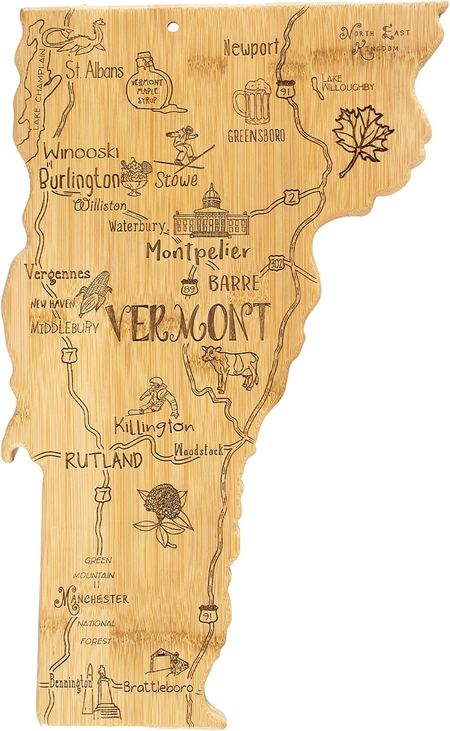 Destination Vermont State Shaped Serving and Cutting Board, Includes Hang Tie for Wall Display