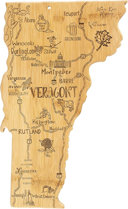 Destination Vermont State Shaped Serving and Cutting Board, Includes Hang Tie for Wall Display