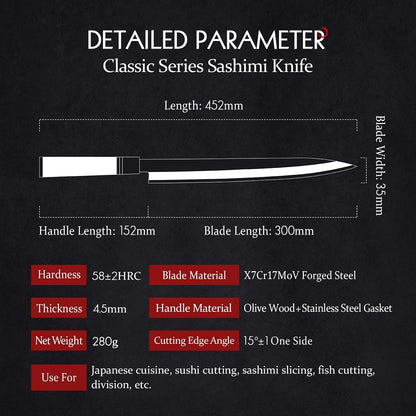 300mm Sashimi Knife,Forged Steel Sushi Yanagiba Knife, Sushi Slicing, Wooden Handle Knife Case