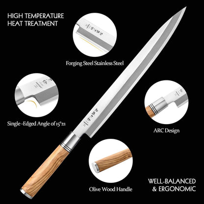 300mm Sashimi Knife,Forged Steel Sushi Yanagiba Knife, Sushi Slicing, Wooden Handle Knife Case