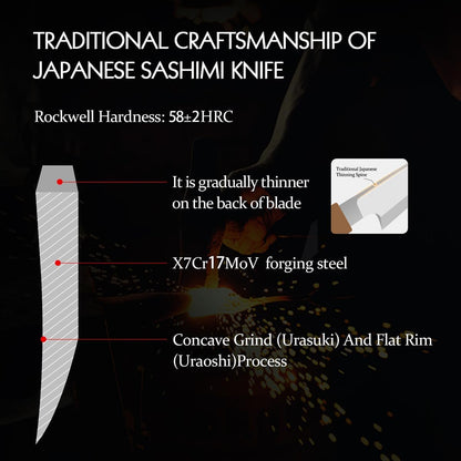 300mm Sashimi Knife,Forged Steel Sushi Yanagiba Knife, Sushi Slicing, Wooden Handle Knife Case