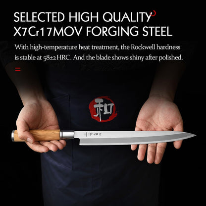 300mm Sashimi Knife,Forged Steel Sushi Yanagiba Knife, Sushi Slicing, Wooden Handle Knife Case