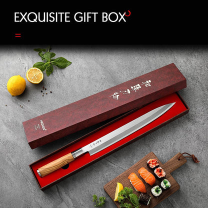 300mm Sashimi Knife,Forged Steel Sushi Yanagiba Knife, Sushi Slicing, Wooden Handle Knife Case