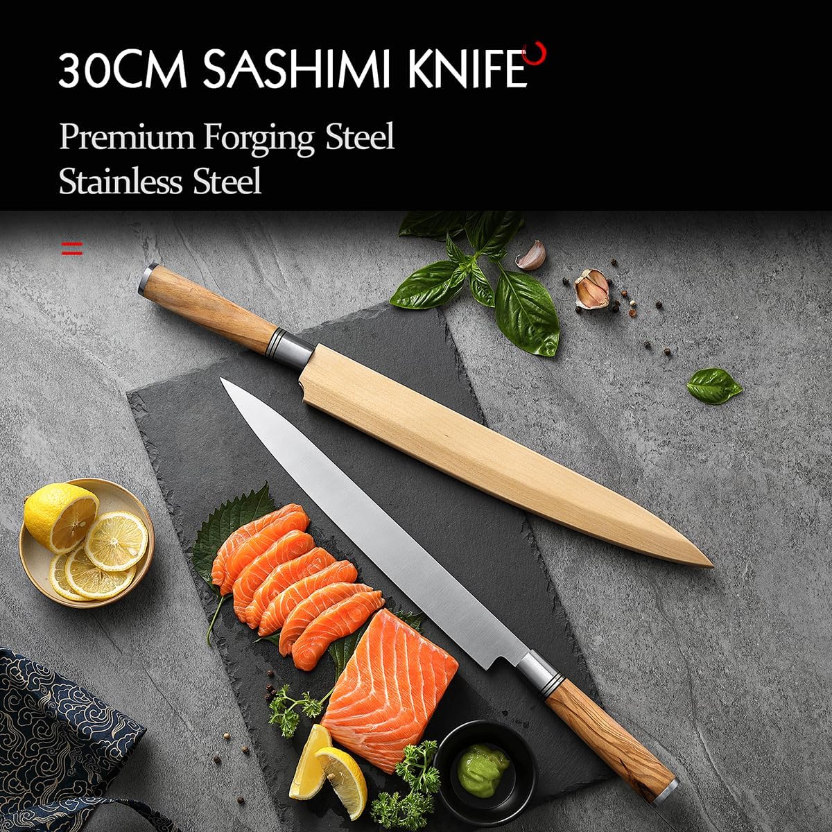 300mm Sashimi Knife,Forged Steel Sushi Yanagiba Knife, Sushi Slicing, Wooden Handle Knife Case