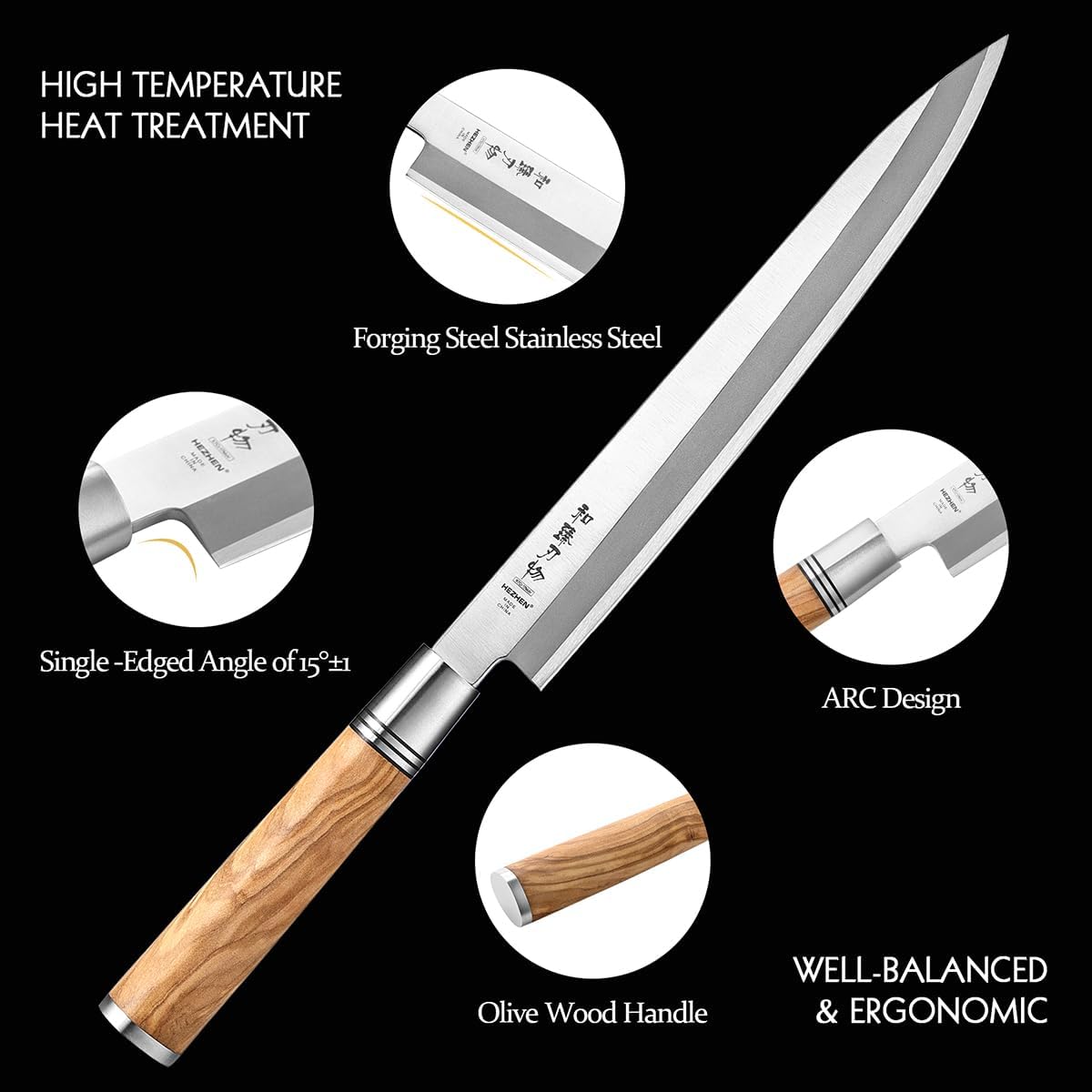300mm Sashimi Knife,Forged Steel Sushi Yanagiba Knife, Sushi Slicing, Wooden Handle Knife Case