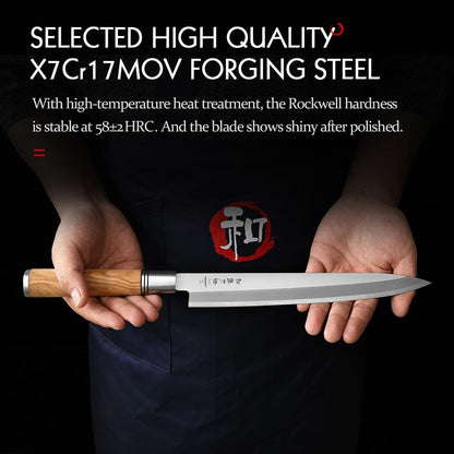 300mm Sashimi Knife,Forged Steel Sushi Yanagiba Knife, Sushi Slicing, Wooden Handle Knife Case