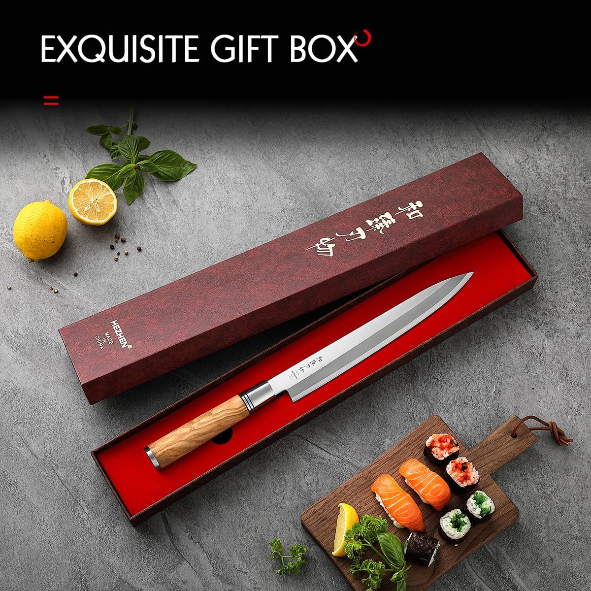 300mm Sashimi Knife,Forged Steel Sushi Yanagiba Knife, Sushi Slicing, Wooden Handle Knife Case