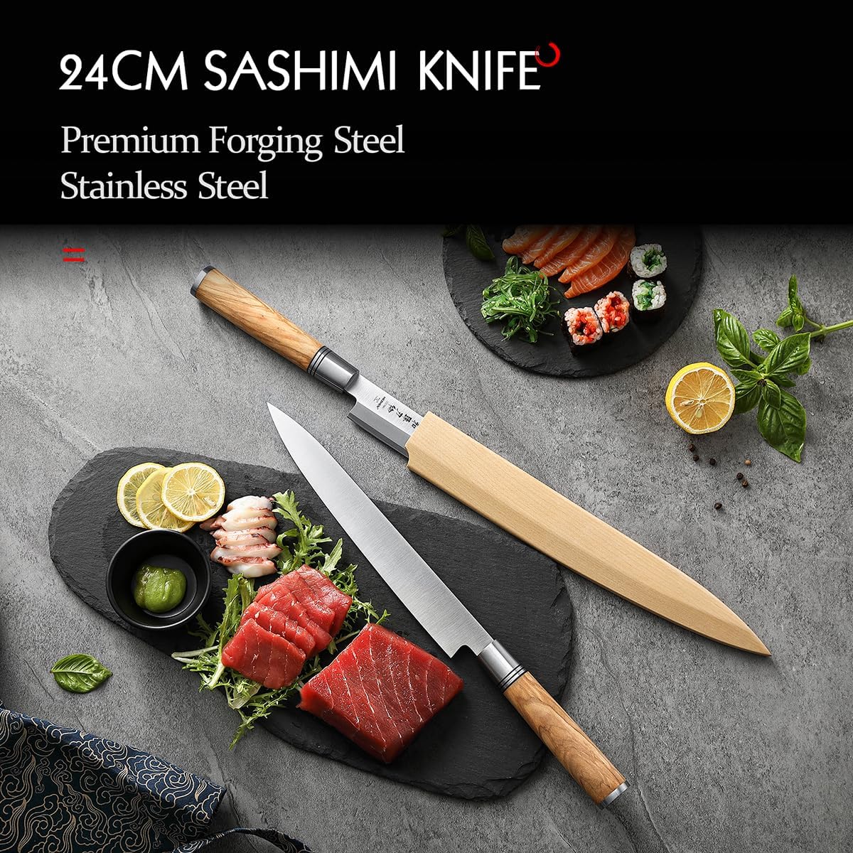 300mm Sashimi Knife,Forged Steel Sushi Yanagiba Knife, Sushi Slicing, Wooden Handle Knife Case