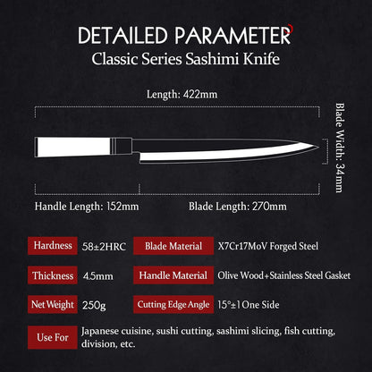 300mm Sashimi Knife,Forged Steel Sushi Yanagiba Knife, Sushi Slicing, Wooden Handle Knife Case