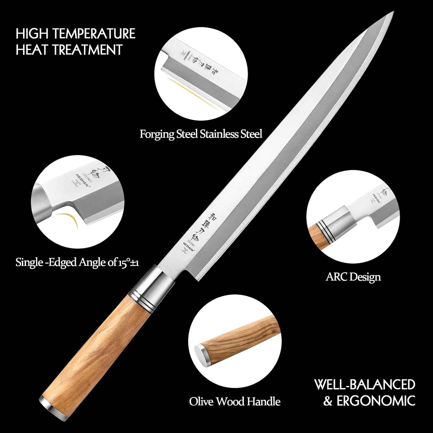 300mm Sashimi Knife,Forged Steel Sushi Yanagiba Knife, Sushi Slicing, Wooden Handle Knife Case