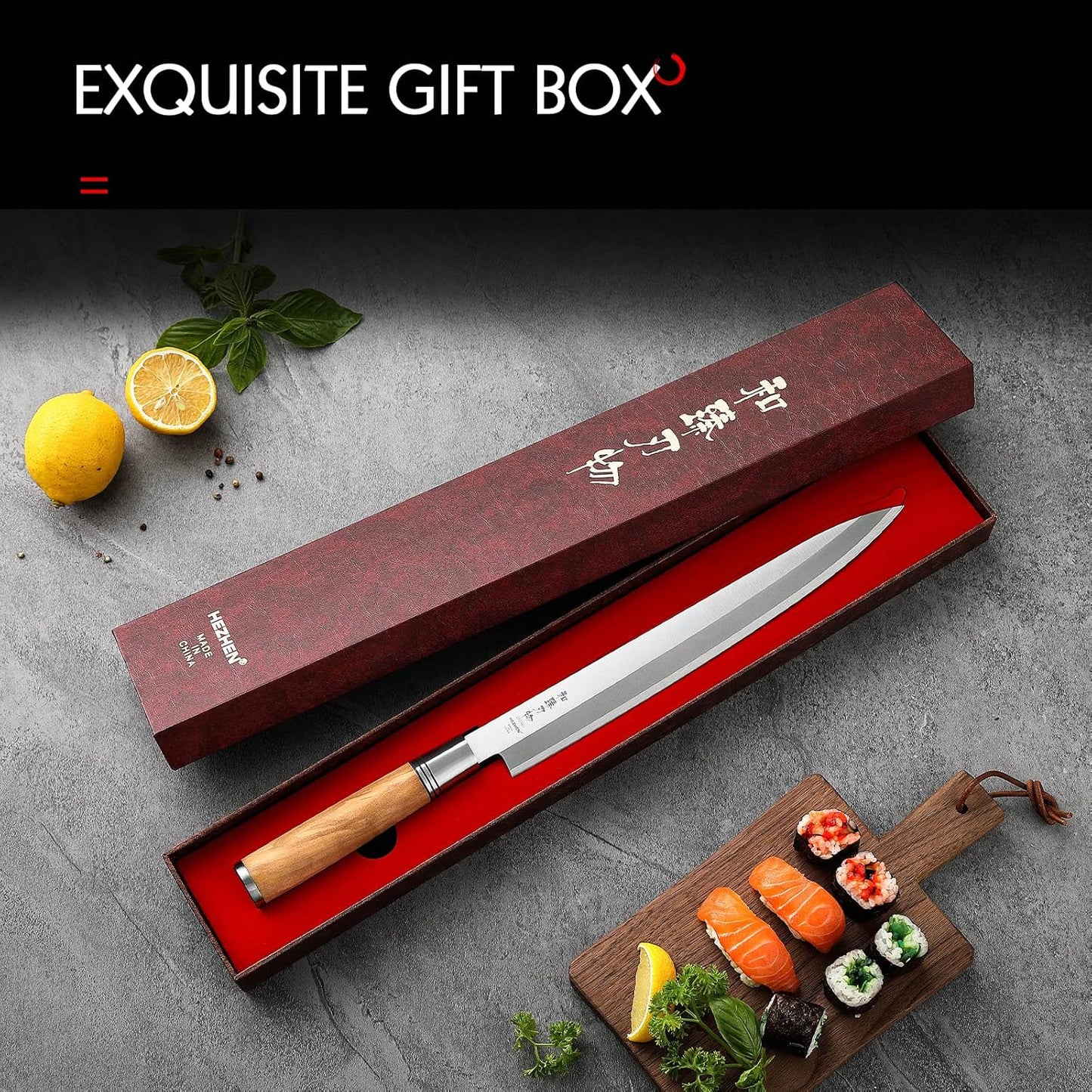 300mm Sashimi Knife,Forged Steel Sushi Yanagiba Knife, Sushi Slicing, Wooden Handle Knife Case