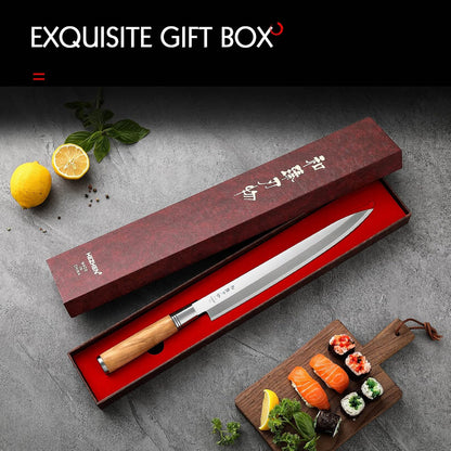 300mm Sashimi Knife,Forged Steel Sushi Yanagiba Knife, Sushi Slicing, Wooden Handle Knife Case