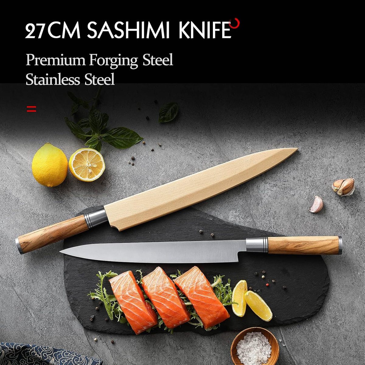 300mm Sashimi Knife,Forged Steel Sushi Yanagiba Knife, Sushi Slicing, Wooden Handle Knife Case