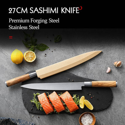 300mm Sashimi Knife,Forged Steel Sushi Yanagiba Knife, Sushi Slicing, Wooden Handle Knife Case