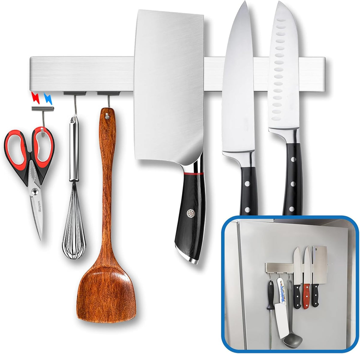 12 Inch Magnetic Knife Holder for Fridge with Magnetic Hooks -Double Sided Refrigerator Magnetic Knife Strip - 304 Stainless Steel Kitchen Utensil Holder/Hanger/Rack/Bar