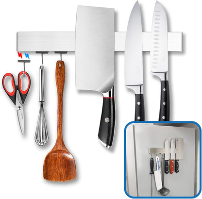 12 Inch Magnetic Knife Holder for Fridge with Magnetic Hooks -Double Sided Refrigerator Magnetic Knife Strip - 304 Stainless Steel Kitchen Utensil Holder/Hanger/Rack/Bar