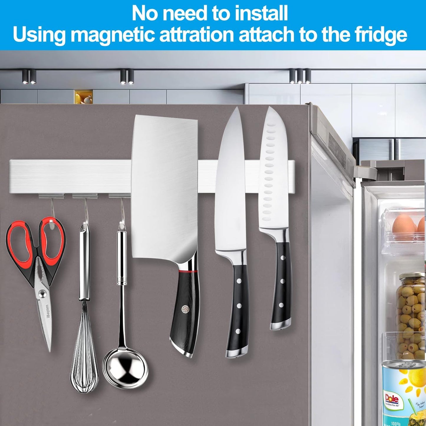 12 Inch Magnetic Knife Holder for Fridge with Magnetic Hooks -Double Sided Refrigerator Magnetic Knife Strip - 304 Stainless Steel Kitchen Utensil Holder/Hanger/Rack/Bar