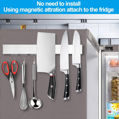 12 Inch Magnetic Knife Holder for Fridge with Magnetic Hooks -Double Sided Refrigerator Magnetic Knife Strip - 304 Stainless Steel Kitchen Utensil Holder/Hanger/Rack/Bar