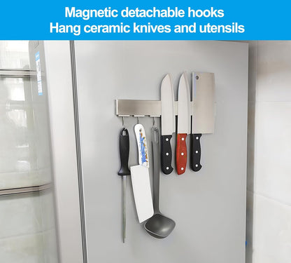 12 Inch Magnetic Knife Holder for Fridge with Magnetic Hooks -Double Sided Refrigerator Magnetic Knife Strip - 304 Stainless Steel Kitchen Utensil Holder/Hanger/Rack/Bar