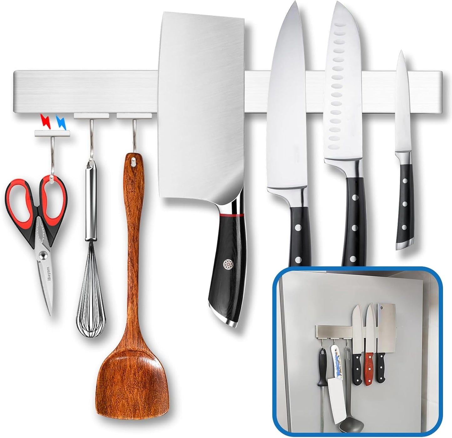 12 Inch Magnetic Knife Holder for Fridge with Magnetic Hooks -Double Sided Refrigerator Magnetic Knife Strip - 304 Stainless Steel Kitchen Utensil Holder/Hanger/Rack/Bar
