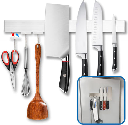 12 Inch Magnetic Knife Holder for Fridge with Magnetic Hooks -Double Sided Refrigerator Magnetic Knife Strip - 304 Stainless Steel Kitchen Utensil Holder/Hanger/Rack/Bar