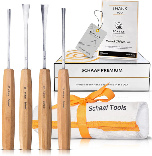 Schaaf Wood Carving Tools 4-pc Wood Chisel Set, Fishtail Gouges, Sharpened | Professionally hand sharpened, detail carving chisels for beginners, sculpture and relief carving, tutorials included