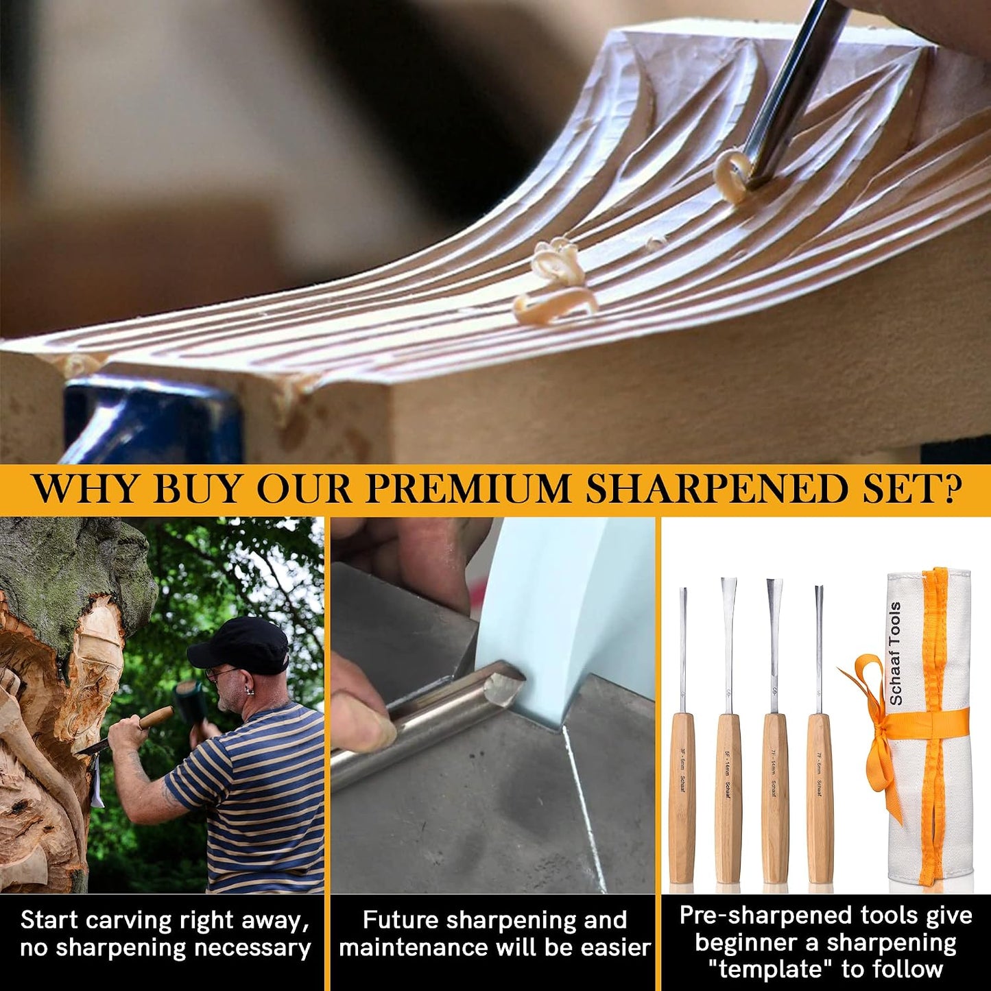Schaaf Wood Carving Tools 4-pc Wood Chisel Set, Fishtail Gouges, Sharpened | Professionally hand sharpened, detail carving chisels for beginners, sculpture and relief carving, tutorials included