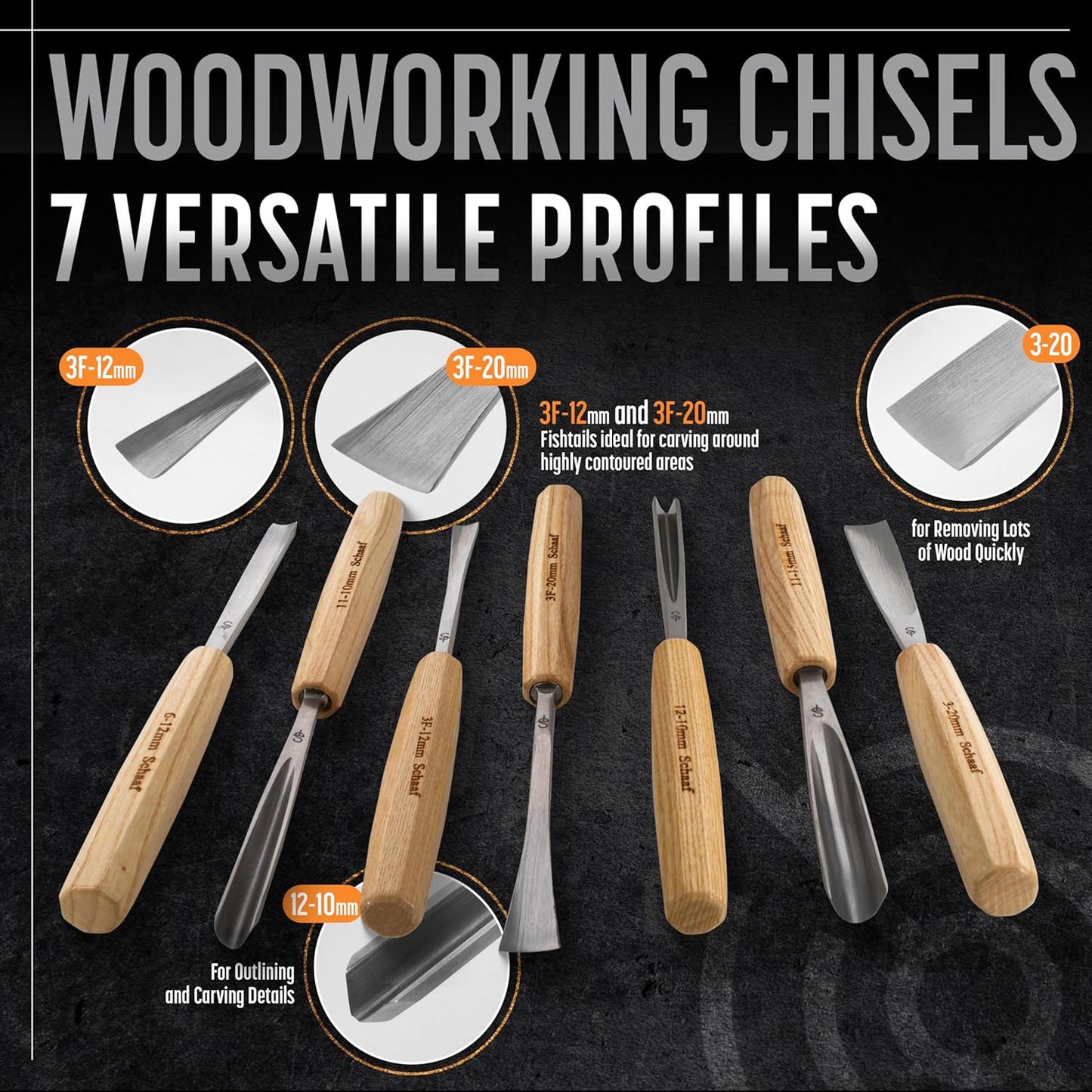 Schaaf Wood Carving Tools 4-pc Wood Chisel Set, Fishtail Gouges, Sharpened | Professionally hand sharpened, detail carving chisels for beginners, sculpture and relief carving, tutorials included