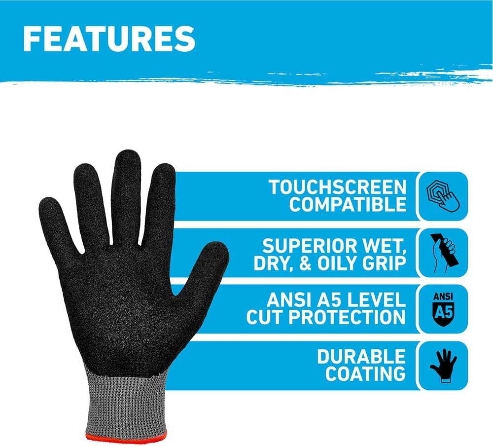 A1 Precision Grip, Cut Resistant Work Gloves, Nitrile Coated, Grey - X-Large (27223-212B)