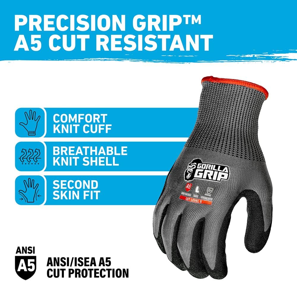 A1 Precision Grip, Cut Resistant Work Gloves, Nitrile Coated, Grey - X-Large (27223-212B)